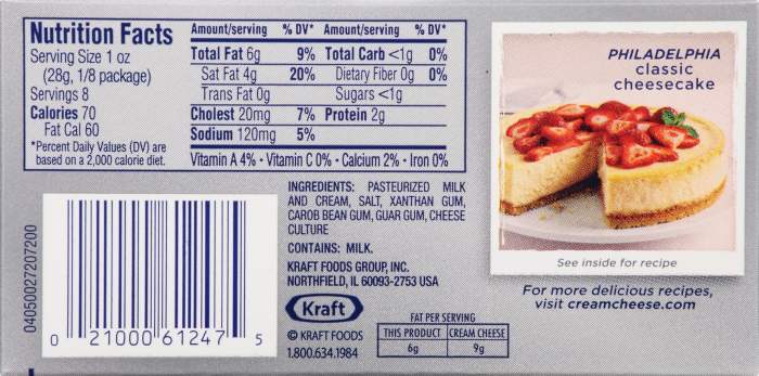 Light cream cheese nutrition facts